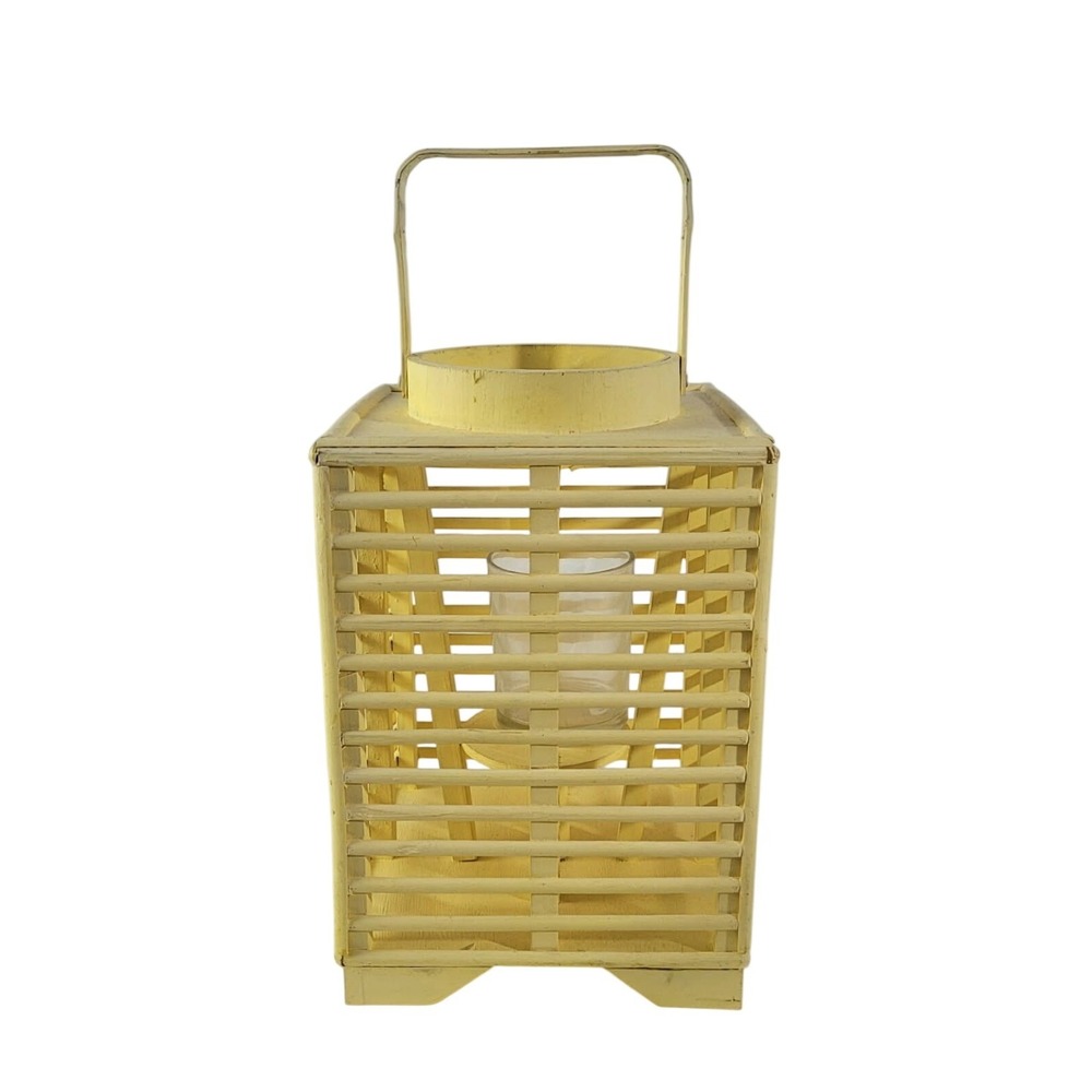 Vintage Yellow Wooden Slatted Lantern Candle Holder with Glass Insert
